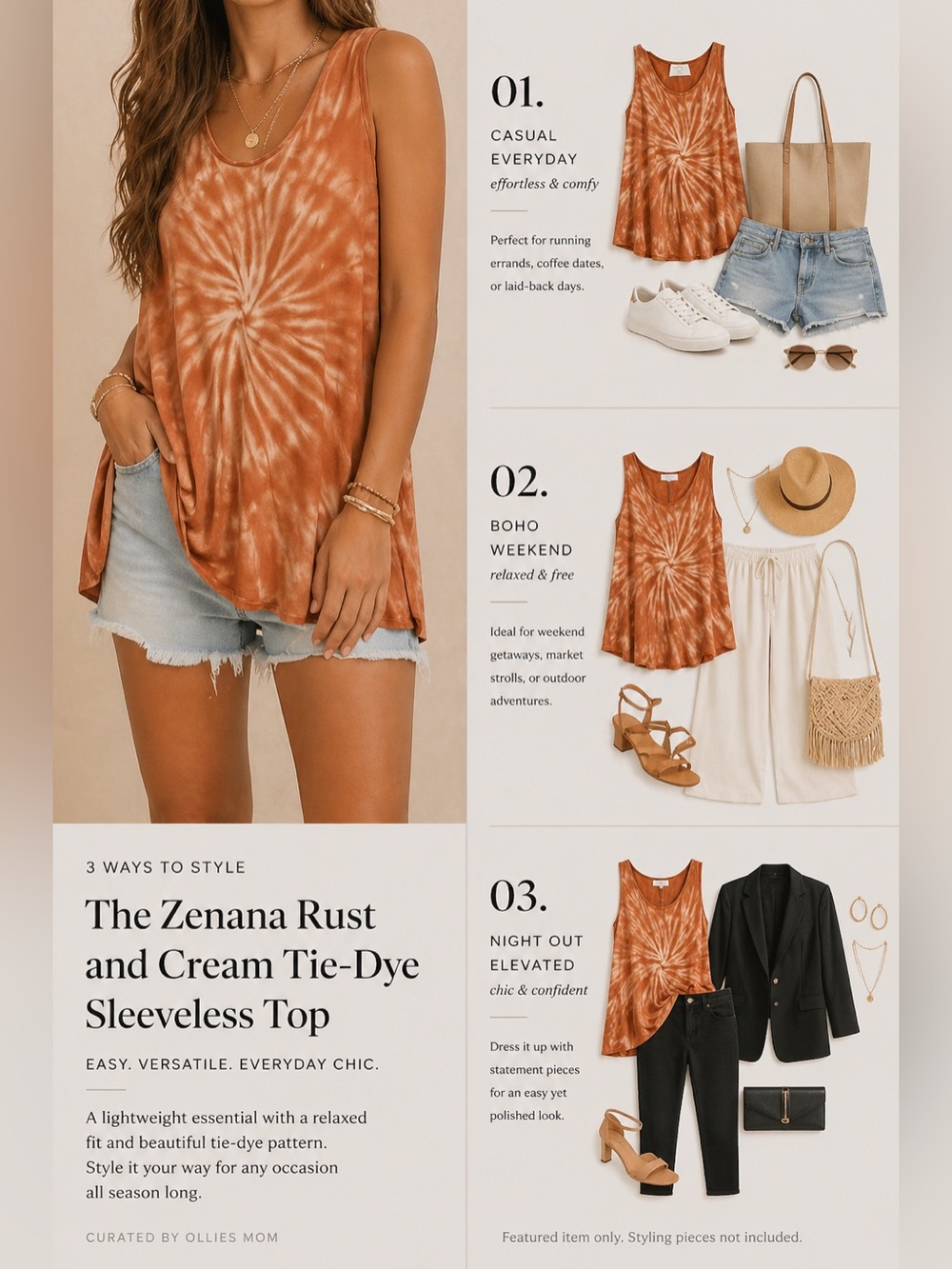 Zenana Outfitters Rust and Cream Tie-Dye Sleeveless Top
